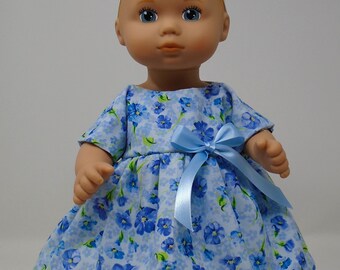 13 Inch Doll Clothes - Blue Floral Dress, Panties and Headband handmade by Jane Ellen to fit 13 inch dolls such as Bitty Baby Splash