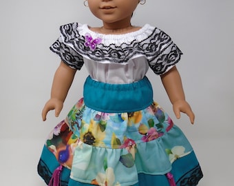 18 Inch Doll Clothes - Teal Fiesta Skirt and Camisa handmade by Jane Ellen to fit 18 inch dolls