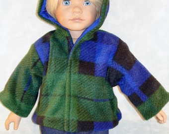 18 Inch Doll Clothes - Blue/Green Plaid Polar Fleece Boys Jacket made by Jane Ellen