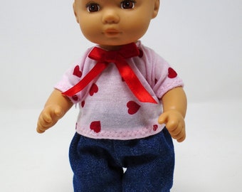 8 Inch Doll Clothes - Hearts on Pink Knit T shirt and Blue Jeans handmade by Jane Ellen to fit 8" dolls such as Caring for Baby