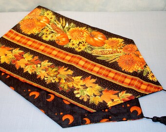 Reversible Fall/Harvest Pumpkins, Indian Corn and Moons Table Runner with Tassels handmade by Jane Ellen