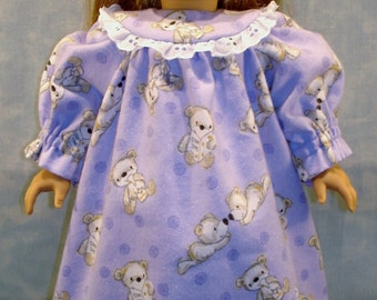 18 Inch Doll Clothes - Teddy Bears on Lavender Nightie and Slippers handmade by Jane Ellen to fit 18 inch dolls