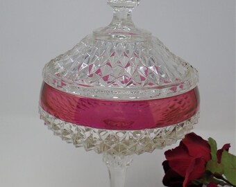 Diamond Point Ruby Flashed Footed Compote with Lid,  12 1/2" tall.