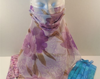 Handmade Scarf Face Mask With Filter and Nose Wire Chiffon Cloth Hand Washable Reusable, made by Jane Ellen