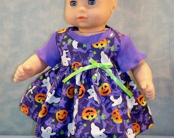 15 Inch Doll Clothes - Halloween Pumpkins and Ghosts on Purple Jumper and T shirt outfit handmade by Jane Ellen to fit 15 inch baby dolls