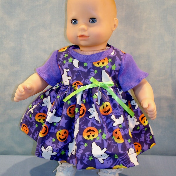 15 Inch Doll Clothes - Halloween Pumpkins and Ghosts on Purple Jumper and T shirt outfit handmade by Jane Ellen to fit 15 inch baby dolls