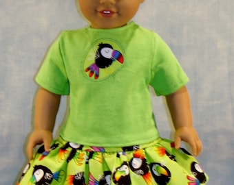 18 Inch Doll Clothes - Lime Green Toucan Outfit handmade by Jane Ellen to fit 18 inch dolls