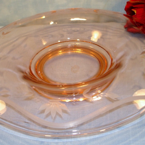 Pink Depression Glass Floral and Ribbon Etched Rolled Console Bowl #4, 12 inch