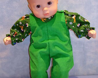 15 Inch Doll Clothes - Joy Snowmen Green Overalls and Blouse Girls handmade by Jane Ellen for 15 inch baby dolls