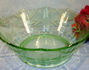 Green Depression Glass Double Handled Octagon Etched Bowl 6" dia.