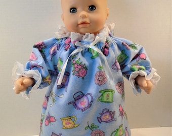 15 Inch Doll Clothes - Teapots on Blue Flannel Nightie handmade by Jane Ellen to fit 15 inch baby dolls