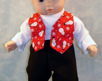15 Inch Doll Clothes - Snowmen on Red Vest, Pants and Turtleneck Outfit for boy 15 inch baby dolls handmade by Jane Ellen