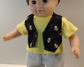15 Inch Doll Clothes - Bees on Black Vest, Yellow T shirt, Gray Pants Boys Outfit handmade by Jane Ellen