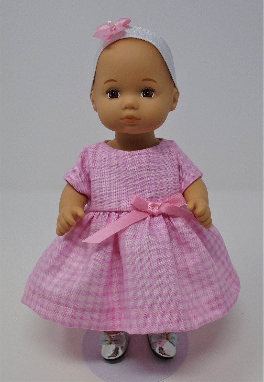 8 Inch Doll Clothes Pink Check Dress and Headband Handmade by Jane