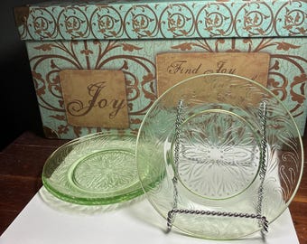 Green Depression Glass Bread and Butter Plates Set of 3,  6 1/4"