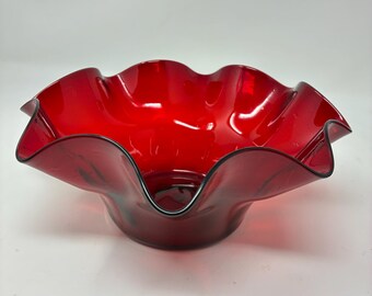 Blenco Red Ruby Hand Blown Scalloped Ruffled Bowl, 8 1/2" dia.