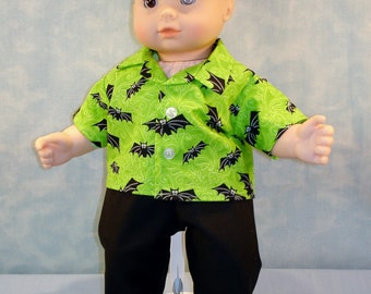 15 Inch Doll Clothes – Bats on Green Shirt, Halloween Outfit