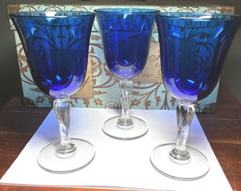 Cobalt Blue Vintage Water Goblets Set of 3