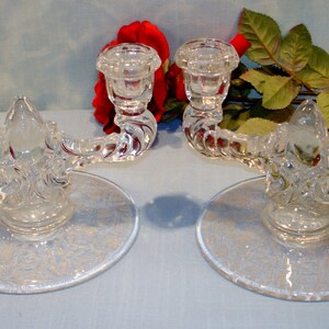 New Martinsville Florentine Teardrop Crystal 1940s Candlesticks