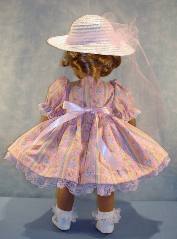 Easter Eggs on Pink Dress and Hat handmade by Jane Ellen to fit 18 inch dolls 18 Inch Doll Clothes