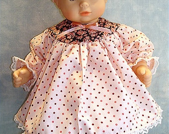 15 Inch Doll Clothes - Peach Polka Dot Brown Yoke Dress handmade by Jane Ellen to fit 15 inch baby dolls