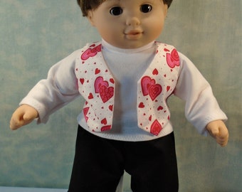 15 Inch Doll Clothes - Red and Pink Hearts Valentine's Day Vest Turtleneck and Pants Boys Outfit handmade by Jane Ellen to fit 15 inch dolls