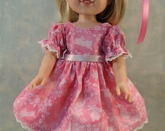 14 Inch Doll Clothes - White Bunnies on Hot Pink Easter Dress and Hat handmade by Jane Ellen