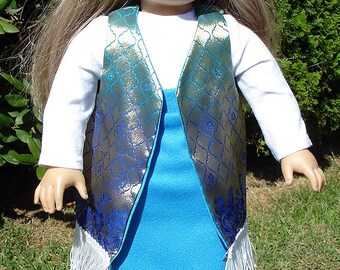 18 Inch Doll Clothes -  1970's Blue Maxi Skirt, Gold and Navy Vest Outfit handmade by Jane Ellen to fit 18 inch dolls