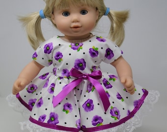 15 Inch Doll Clothes - Purple Pansies on White Dress handmade by Jane Ellen to fit 15 inch baby dolls