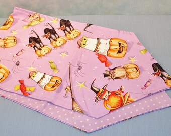 Reversible Halloween Print on Lavender Table Runner with Tassels handmade by Jane Ellen