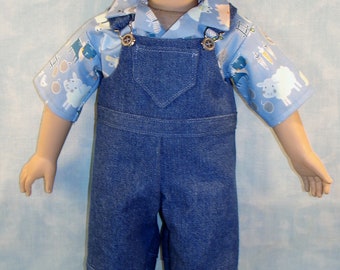18 Inch Boy Doll Clothes - Denim Overalls and Shirt Outfit handmade by Jane Ellen to fit 18 inch dolls