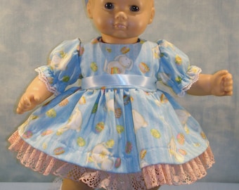 15 Inch Doll Clothes - Easter Eggs and Bunnies on Blue Dress, Bloomers and Headband made by Jane Ellen to fit 15 inch baby dolls