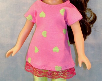 14 Inch Doll Clothes - Hot Pink/Lime Green Hearts Tunic and Leggings made by Jane Ellen