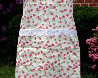 White and Red Floral Bib Apron