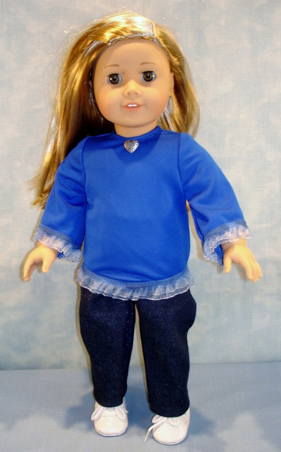 Royal Blue Calico Dress and Vest handmade by Jane Ellen to fit 18 inch dolls 18 Inch Doll Clothes
