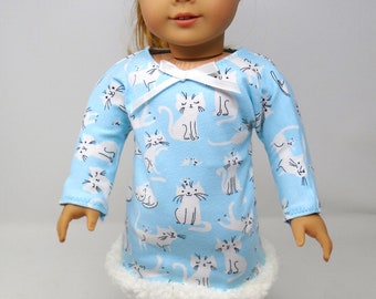 18 Inch Doll Clothes - White Cats on Blue Knit Fur Trimmed T shirt dress and White Furry Boots handmade by Jane Ellen to fit 18 inch dolls