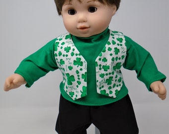 15 Inch Doll Clothes - St. Patrick's Day Shamrocks on White Vest Turtleneck and Pants Boys Outfit handmade by Jane Ellen