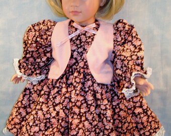 Handmade 18 Inch Doll Dress – Peach Floral Calico, Velour Vest
