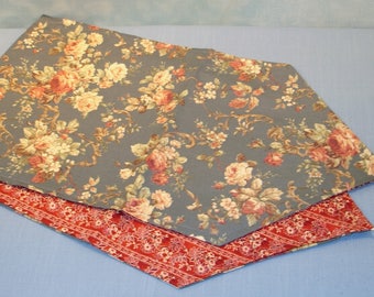 Reversible Steel Blue/Gray and Red Floral Table Runner with Tassels handmade by Jane Ellen