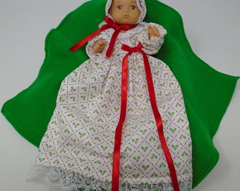 8 Inch Doll Clothes - Christmas Holly on White Gown and Hat handmade by Jane Ellen to fit 8 inch dolls such as Caring for Baby