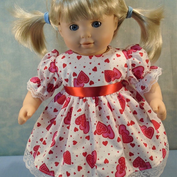 15 Inch Doll Clothes - Red and Pink Hearts on White Valentine's Day Dress handmade by Jane Ellen to fit 15 inch baby dolls