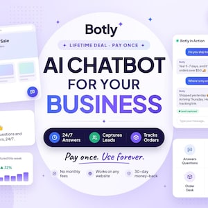May include: A promotional graphic for Botly AI chatbot software featuring the text AI CHATBOT FOR YOUR BUSINESS, LIFETIME DEAL, and PAY ONCE. USE FOREVER. The layout displays interface examples, lead tracking metrics, and feature icons.