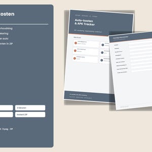 May include: A digital car expense and maintenance tracker template in Dutch. The document features a dark blue header with white text reading Auto-kosten & APK, including sections for vehicle costs, insurance, and maintenance logs.