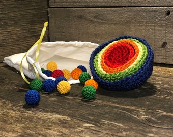 Crochet Montessori stacking and sorting, cotton balls and cups