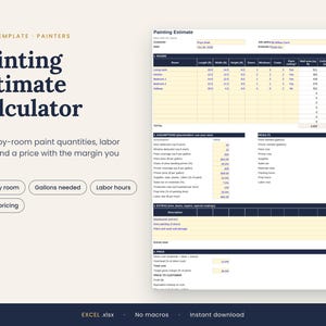 Könnte beinhalten: Eine Excel-Vorlage für einen Maler-Kostenvoranschlag-Rechner mit einer dunkelblauen Überschrift mit dem Text Painting Estimate Calculator. Das Dokument enthält Abschnitte für Raummaße, Annahmen, Ergebnisse und Preiskalkulationen.
