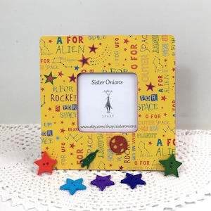 A Is For Alien Outer Space Decoupaged embellished Picture Frame Child’s Room Decor 8 x 8 Photo Frame Outer Space Decor