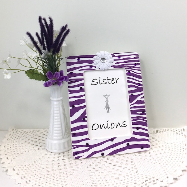 Purple Zebra Stripes 4x6 Decoupaged Embellished Vertical Picture Frame Gift for Her Picture Frame with Bling