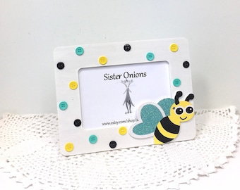 Bellamy Bee Baby Button Frame 4x6 Horizontal Embellished Nursery Picture Frame Gift for New Mom Gift for Newborn Nursery Decor