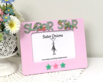 Super Star Embellished 4x6 Horizontal Picture Frame Gift for Child Pink and Green Picture Frame School Picture Frame Child Sports Frame