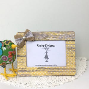 Yellow Burlap Decoupaged Embellished 4x6 Horizonal Barnboard  Polka Dot Picture Frame Girl Room Decor Housewarming Gift Shabby Chic Frame